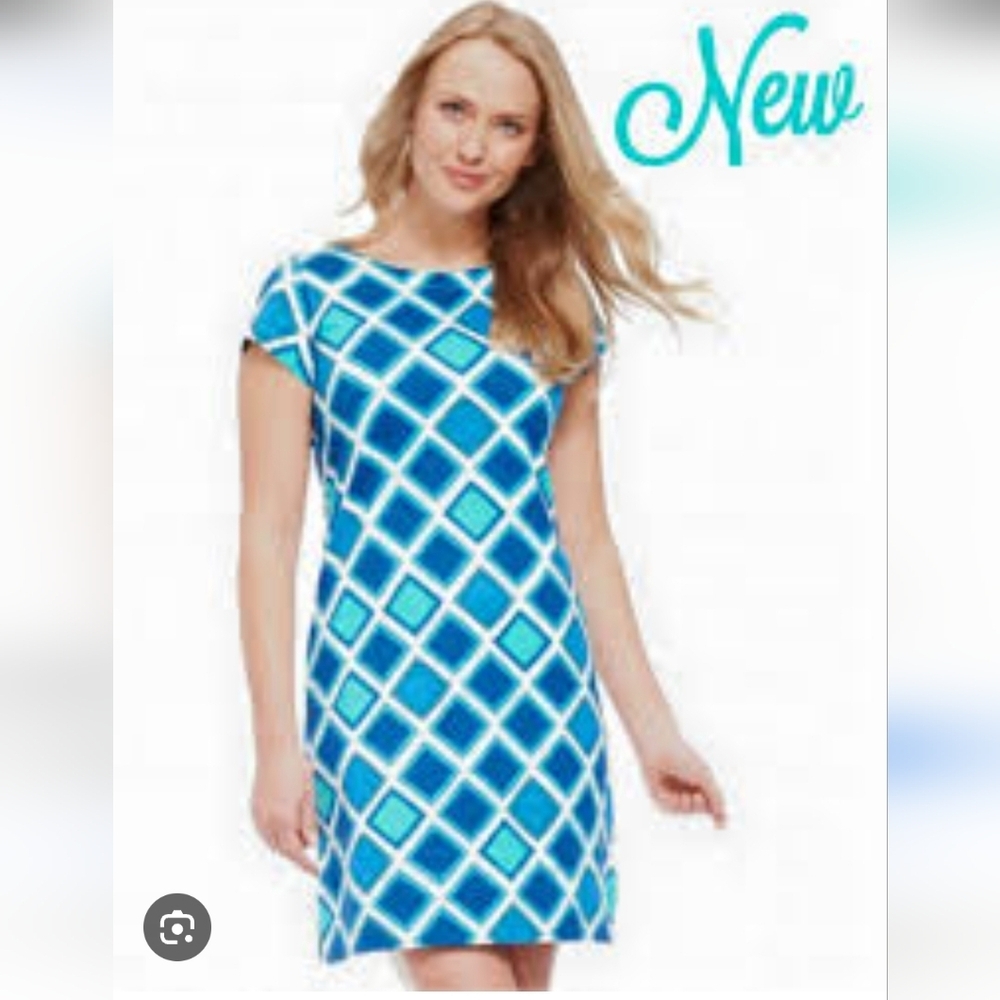 HATLEY | Ripples Crew Neck T-Shirt Dress blue white diamond pattern Sz S